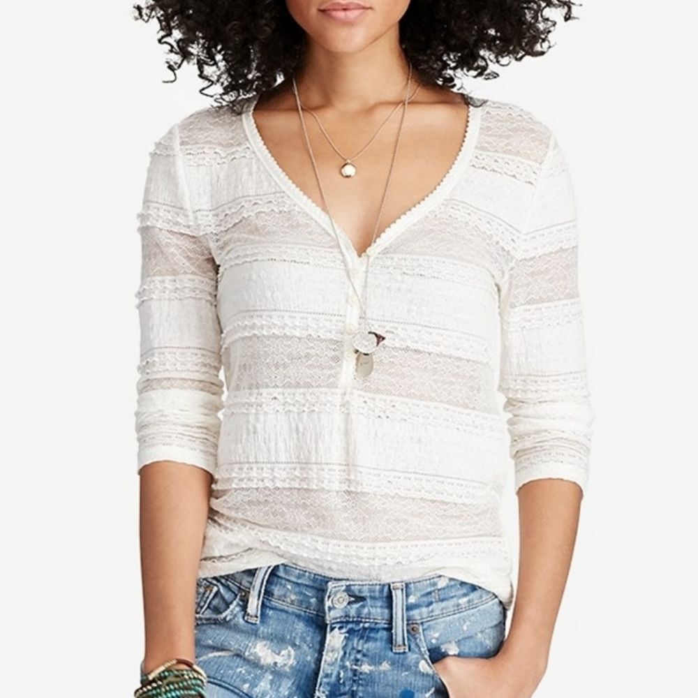 Denim & Supply Ralph Lauren Henley Lace Long Sleeve Top Size S White New